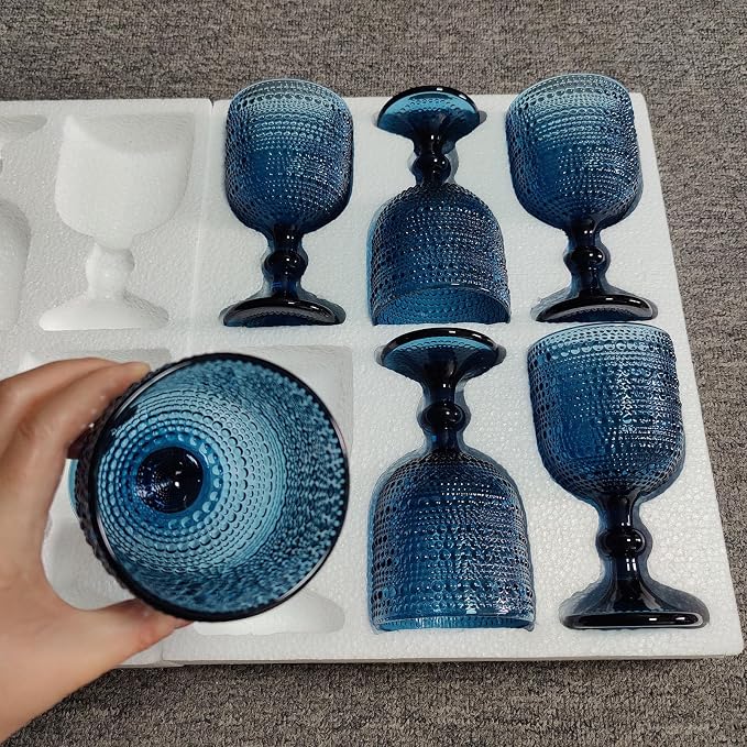 Taganov Glasses Drinking Wine Water Goblets Glassware set of 6 Vintage Stem Glasses Stemware 12 Ounces for Wedding Party Bar Twill Pattern Striped 350 ml (Blue) - Image 9