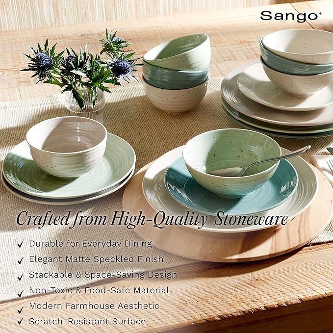 Sango Siterra Artist's Blend 16-Piece Stoneware Dinnerware Set for 4, Green, Cream & White Glossy Dishes with Speckles, Ceramic Plates and Bowls Sets for Everyday Dining, Microwave & Dishwasher Safe - Image 3