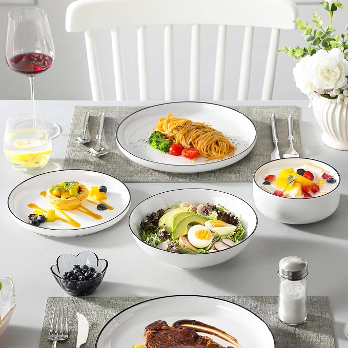 MALACASA 24 Pcs Porcelain Plates and Bowls Sets,Dinnerware Set for 6,White | Modern Ceramic Dishware Set,Kitchen Dining Ware,Microwave and Dishwasher Safe,Simple White with Black Trim Design,Series LUNA - Image 8