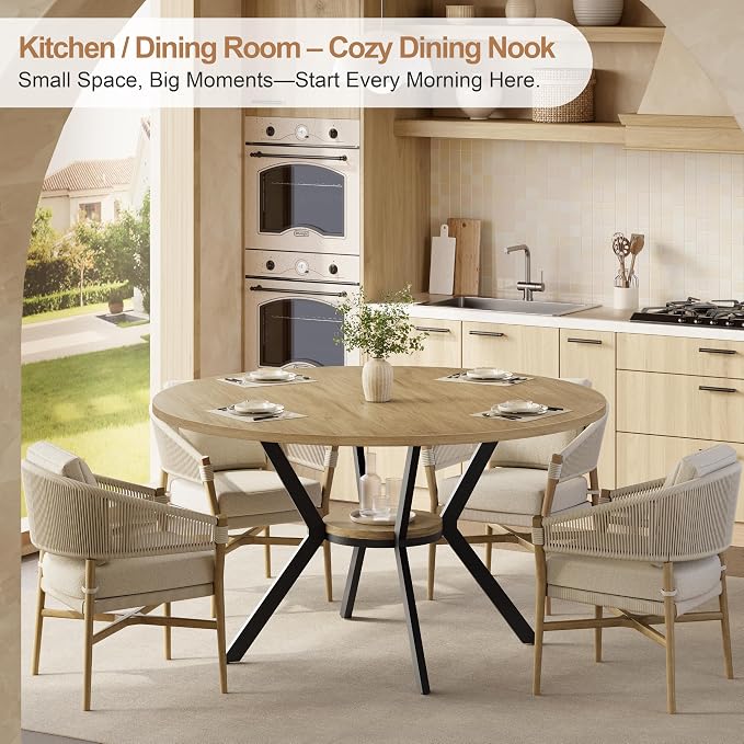 MECHYIN 42'' Round Dining Table for 2–4, Farmhouse Round Kitchen Table with Storage Shelf, Pedestal Dinner Table, Wood Top & Metal Base, Small Space Table for Apartment, Dining Room, Light Oak - Image 5