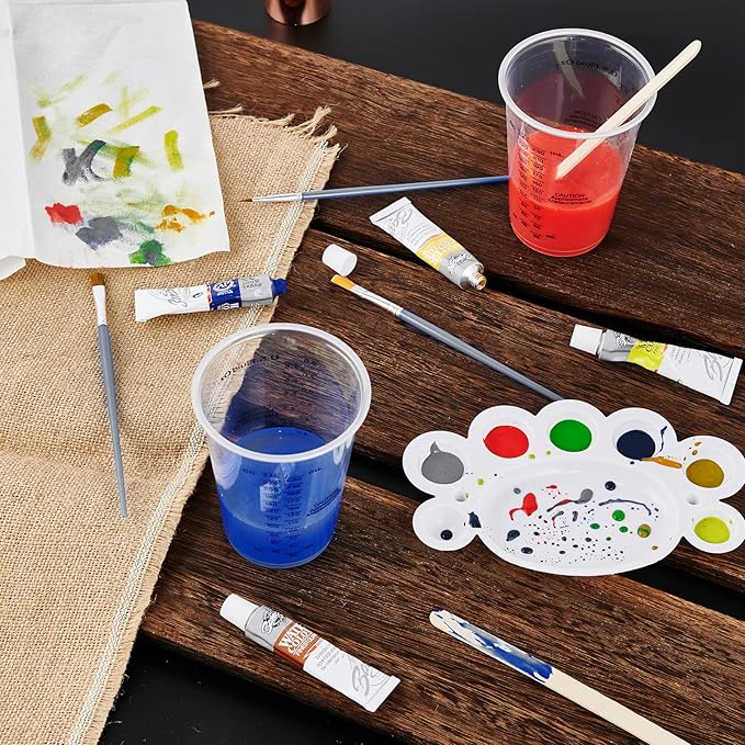 100 PACK Plastic Measuring Cups, 10 oz Disposable Mixing Cups with 100 Wooden Mixing Sticks, Can Be Used for Epoxy Resin, Liquid Measuring, Paint, Cooking and Baking