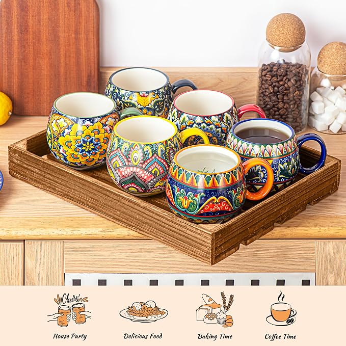 Henten Home Ceramic Coffee Mug Set of 6, 20 oz Colorful Coffee Cup with Handle, Boho Porcelian Mug for Cappuccino, Latte, Tea, Hot Chocolate, Cocoa, Microwave & Dishwasher Safe - Image 6