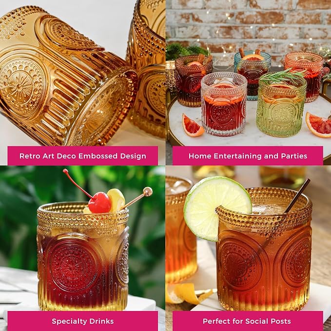 Vintage Amber Drinking Glasses Set of 6 by Kate Aspen - 10 oz Ribbed Glassware for Drinking Water, Juice, Cocktail Glasses - Ribbed Glass Cups Set, Iced Coffee Cup, Kitchen Drinkware or Home Bar - Image 5
