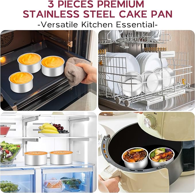 Onader Mini Round Cake Pan Set for Baking, 4 Inch Stainless Steel Baking Pan Tin Set of 3 - Image 7