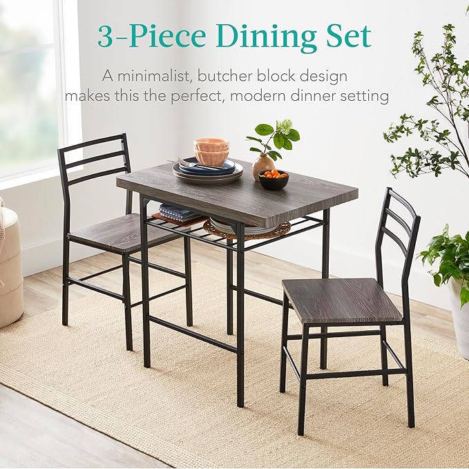Best Choice Products 3-Piece Modern Dining Set, Space Saving Dinette for Kitchen, Dining Room, Small Space w/Steel Frame, Built-in Storage Rack - Gray/Black - Image 5