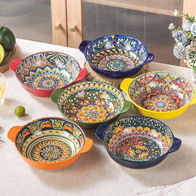 Henten Home Ceramic Pasta Bowls with Handle, Boho Salad Bowl Set of 6 | 25 oz for Cereal, Soup, Serving, Large Colorful Shallow Design, Microwave & Dishwasher Safe - Image 3