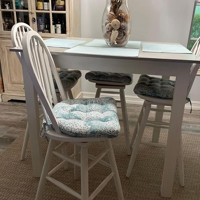 Barnett Home Decor Ariel Fan Coral Dining Chair Pad with Ties - Latex Foam Fill - 100% Cotton, Made in USA - Machine Washable, Reversible (Aqua) - Image 8