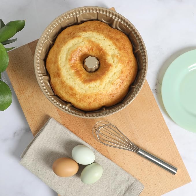Martha Stewart Dunelle Decorative Fluted Cast Aluminun Round Cake Pan – 10-Cup Nonstick Tube Pan, Champagne Gold Bakeware - Image 3