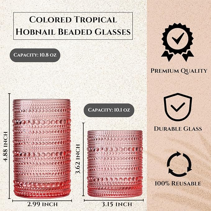 Hobnail Beaded Highball Drinking Tumbler Glasses | Set of 10 | Color, Vintage Bubble Design Whiskey Glassware, Old-Fashioned, Embossed Design, Water, Wine, Cocktail Embossed Heavy Glass, Rocks Glass - Image 4