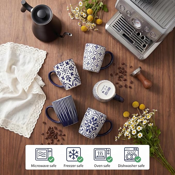 glowworm Ceramic Coffee Mugs, 16 Ounce Coffee Cups with Handle, Blue&White | Prefect for Cappuccino, Milk , Hot Cocoa, Tea, Vintage Coffee Mug for Kitchen, Dishwasher & Microwave Safe, Set of 6 - Image 4