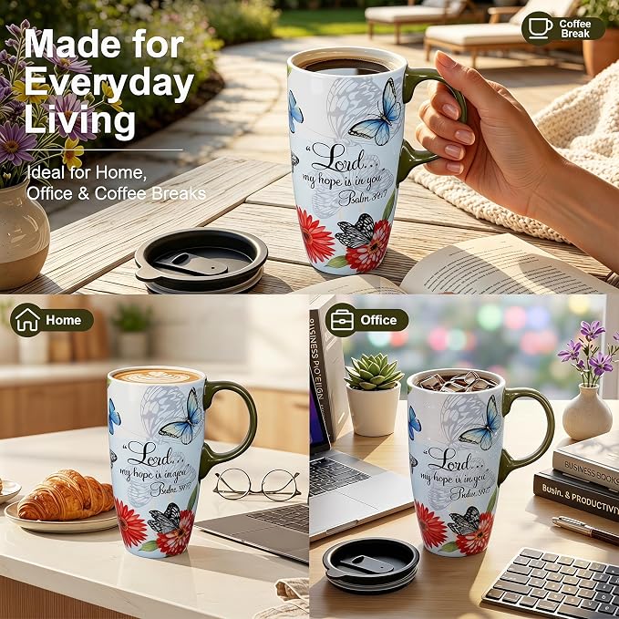 Topadorn 17oz Ceramic Travel Mug with Lid, Christian Butterfly Coffee Mug | Large Coffee Mug with Handle, Psalm 39:7 Floral Design, Microwave & Dishwasher Safe, Gift Box Included - Image 4