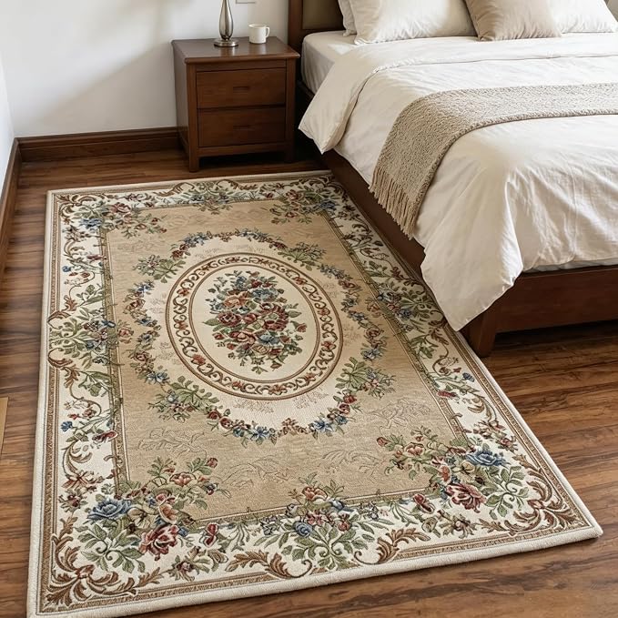 Luxury Soft Rustic Floral Area Rugs Washable Elegant Non Slip Accent Floor Rugs Carpet for Nursery Bedroom, 4' x 6', Beige Garden by Ukeler