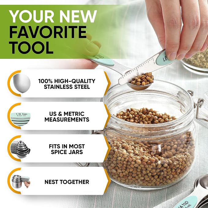 Spring Chef Magnetic Measuring Cups & Spoons Set of 15, Patented, Mint | Stackable Stainless Steel Measuring Cups & Heavy Duty Metal Measuring Spoons with Levelers for Dry & Liquid Ingredients - Image 5