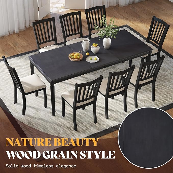 AMERLIFE 9 Piece Farmhouse Dining Table Set with 79" Rubberwood Table, Grey | Solid Rubberwood Frame, 8 Upholstered Chairs, Roman Conical Legs, Seating for 8 - Image 3