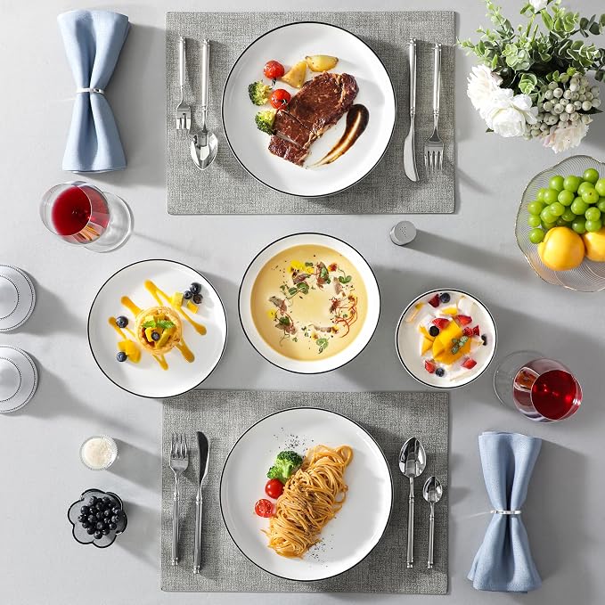 MALACASA 24 Pcs Porcelain Plates and Bowls Sets,Dinnerware Set for 6,White | Modern Ceramic Dishware Set,Kitchen Dining Ware,Microwave and Dishwasher Safe,Simple White with Black Trim Design,Series LUNA - Image 9