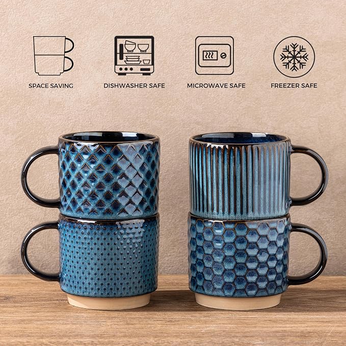 GBhome 12 OZ Stackable Coffee Mugs Set of 4, Ceramic Coffee Cups Set | 4 Assorted Designs, Embossed Mugs with Texture Patterns for Tea/Coffee, Dishwasher&Microwave Safe, Deep Blue - Image 6