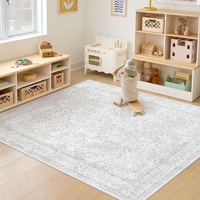 6x9 Area Rugs for Living Room: Washable Vintage Floral Rug Low Pile Non-Slip Boho Carpet for Nursery Bedroom Dining Room (Floral Grey, 6'x9') - Image 4