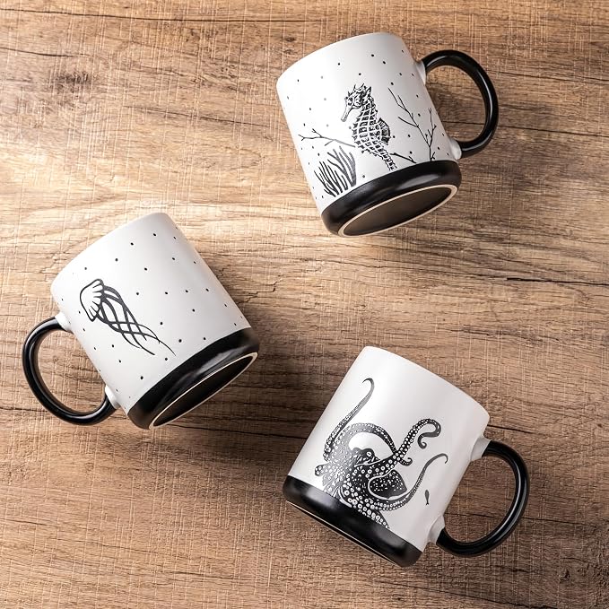 AmorArc Large Coffee Mugs Set of 6, 18oz Ceramic Coffee Cups with Sea Life Textured Patterns for Tea Latte Cocoa. Easy to Hold&Clean, Dishwasher&Microwave Safe, Matte - Image 5