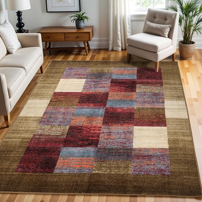 Superior Indoor Non-Slip Area Rug, Rustic Floor Decor, Color Block Rug for Living Room, Bedroom, Office, Kitchen, Dining, Washable Rugs, Foam Back, Lockwood Collection, 8' x 10', Brown-Burgundy - Image 2
