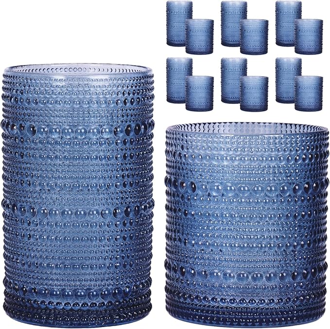 Moretoes 12 Pack Blue Hobnail Drinking Glasses,Vintage Water Glass Cups | Mixed Glassware Set, 6pcs 12oz Highballs and 6pcs 10oz Old Fashioned Glasses, Great for Cocktail, Whisky and Other Beverages by Moretoes