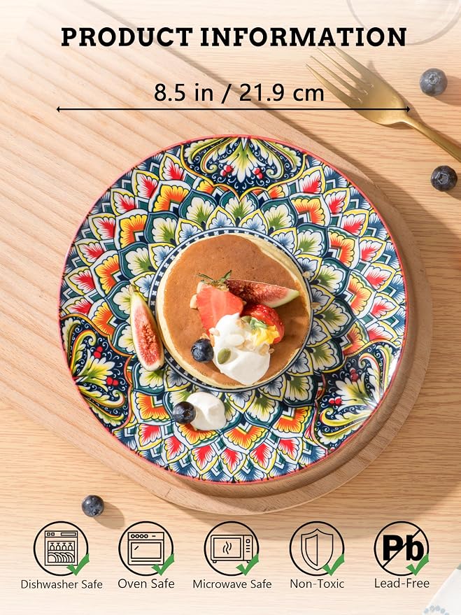 Henten Home Ceramic Dessert Plates Set of 6, 8.5 Inch Porcelain Salad Plate, Colorful Bohemian Style Serving Dishes for Cake, Snack, Appetizer, Decorations, Dishwasher & Microwave Safe - Image 2