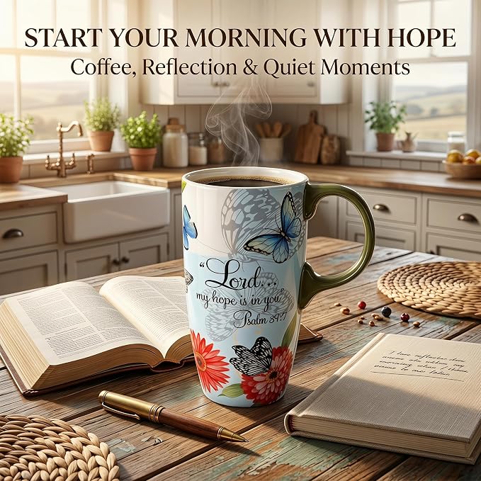 Topadorn 17oz Ceramic Travel Mug with Lid, Christian Butterfly Coffee Mug | Large Coffee Mug with Handle, Psalm 39:7 Floral Design, Microwave & Dishwasher Safe, Gift Box Included - Image 8