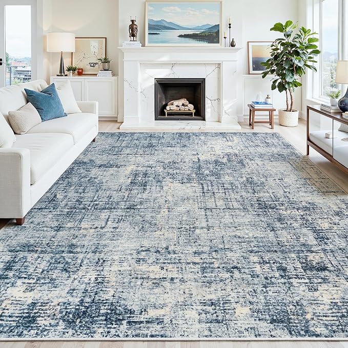 9x12 Washable Area Rug for Living Room Bedroom: Non-Slip Modern Blue Gold | Machine Washable TPR Backing, Stain-Resistant Low Pile, Pet & Kid Friendly, Abstract Decor for Dining Room, Dorm, Home Office by Oriannal