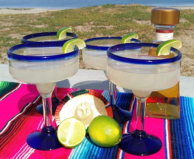 Dos Sueños Mexican Hand Blown Glass - Set of 4 Hand Blown Margarita Glasses - Cobalt Blue Rim (16 oz) - Image 4