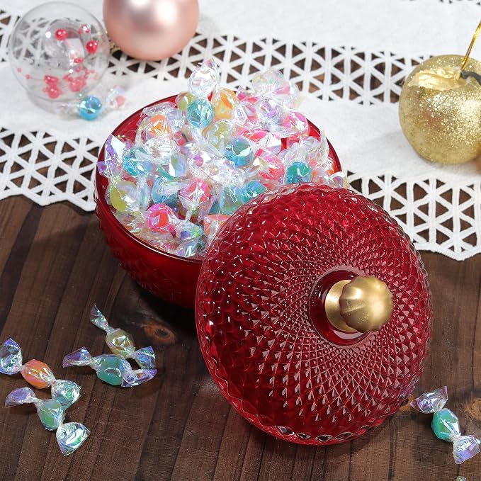 Joeyan 12 oz Small Red Glass Jewelry Box Jars with Lid,Embossed Glass Candy Dishes,Diamond Faceted Food Container,Decorative Apothecary Canisters,Colored Kitchen Bathroom Buffet Storage Organizer - Image 4