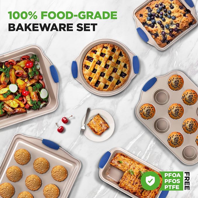 NutriChef 8-Piece Nonstick Bakeware Set - Heavy Duty Carbon Steel Baking Pans w/ Blue Silicone Handles - Pizza Crisper, Muffin & Loaf Pan, Round & Square Pans, Cookie Sheet - Champagne Gold - Image 5