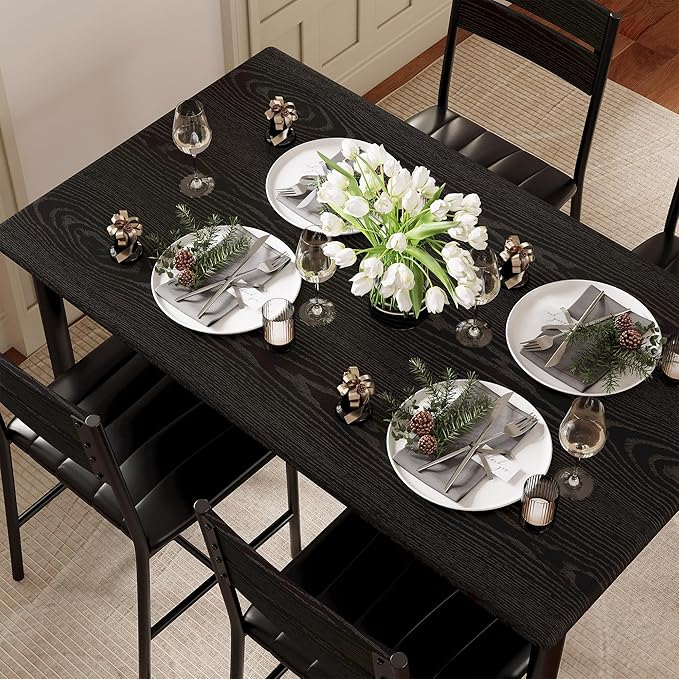 IRONCK Dining Table Set for 4, Black | Wood Kitchen Table with Upholstered Chairs for Kitchen Room and Small Spaces - Image 4