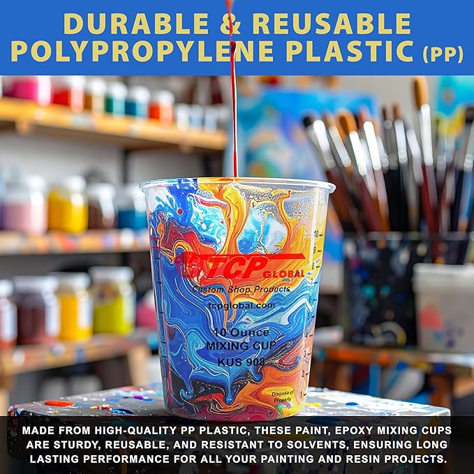 Custom Shop Paint Mixing Cups, 10-Ounce (Box of 100) - Plastic Measuring Cups for Liquids, Automotive Painting, Epoxy Resin, Acrylic Arts, Crafts, Disposable or Reusable, Graduated, Mixing Ratios