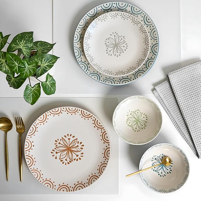 Sango 12-Piece Speckled Stoneware Dinnerware Set for 4- Glossy Plates and Bowls Set with Hand-Painted Floral Pattern, Rustic Ceramic Dish Set, Elegant Dishes for Everyday Dining, Siterra Glazed Garden - Image 5