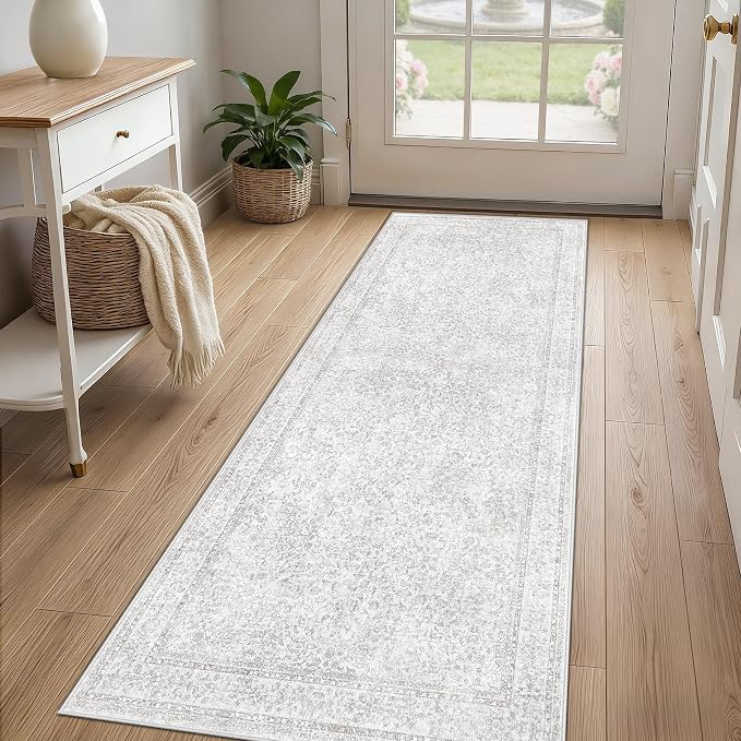 2x8 Hallway Runner Rug: Washable Vintage Floral Entryway Rugs Low Pile Non-Slip Boho Carpet for Kitchen, Bedroom, Bathroom, Dining Room (FloralGrey, 2'x8') - Image 2