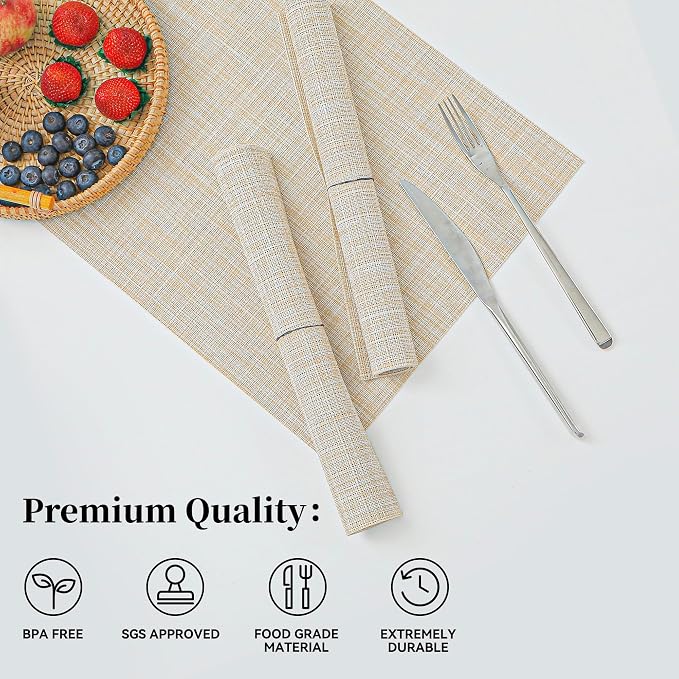 Leetaltree Beige Placemats Set of 4 - Heat-Resistant, Non-Slip Table Mats, Washable Woven Vinyl for Indoor & Outdoor Dining - Image 2