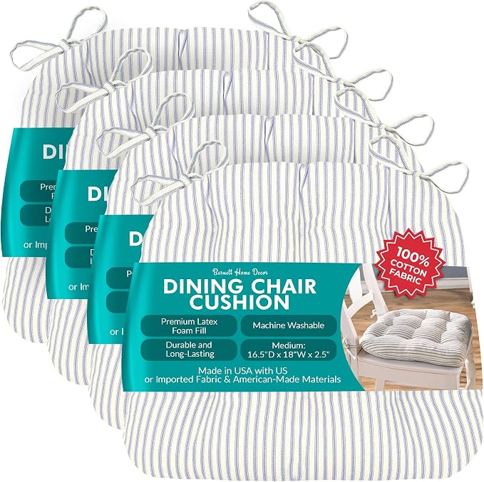 Barnett Home Decor Chair Cushions for Dining Chairs - 16.5x18 Kitchen Chair Cushions - Machine Washable, 100% Cotton, Made in USA - Latex Foam Chair Pads -Ticking Stripe Berlin Blue Medium Pack of 4 by BarnettHomeDecor
