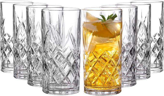 Royalty Art Kinsley Tall Highball Glasses, Set of 8, 12 oz Cups | Textured designer glassware, water, beer, soda, trendy elegant dishware, dishwasher safe by RoyaltyArt