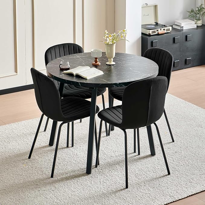 Small Round Dining Table Set for 4 People, 37" Modern Kitchen Table | 5-Piece Set, Faux Black Marble MDF table, 4 Black Velvet Chairs, Easy Assembly, Space-saving, Fits Small Dining Room by SQPFTW