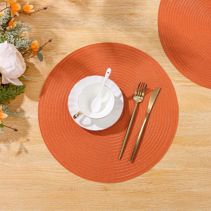SHACOS Round Placemats Set of 4 for Dining Table Autumn Fall Round Braided Place Mats Washable Non Slip Kitchen Table Mats Decor, Bright Orange - Image 6