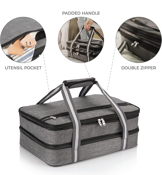 Stack Store Plus More Insulated Casserole Carrier for Hot or Cold Food, Lasagna Holder for Picnic, Potluck, Cookout - Fits 9” x 13” and 11” x 15” Baking Dish – Expandable Double Thermal Bag in Gray - Image 5
