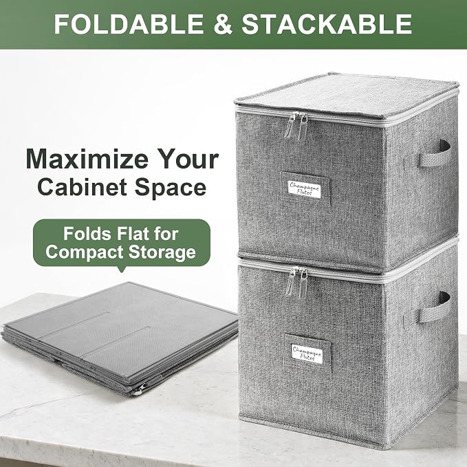 LotFancy Champagne Flute Storage Container for Moving, Hard Shell, 2 Pack Stackable 12" Tall Stemware Storage Box with Dividers & Handles, Wine Glass, Crystal Glassware, Drinkware Case, Gray - Image 8