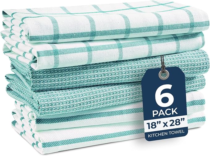 LANE LINEN Cotton Kitchen Towels and Dish Cloths Set, 6-Pack – Absorbent, Quick-Drying Dish Towel, 18" x 28", Soft, Premium Hand and Tea Towels - Aqua by LaneLinen