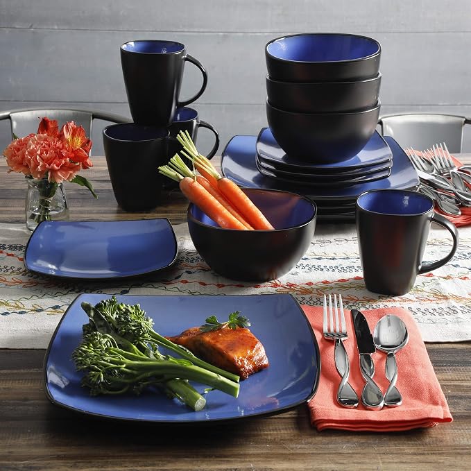 Gibson Elite Soho Lounge Square Reactive Glaze Stoneware Dinnerware Set, Service for 4 (16pc), Sapphire - Image 5