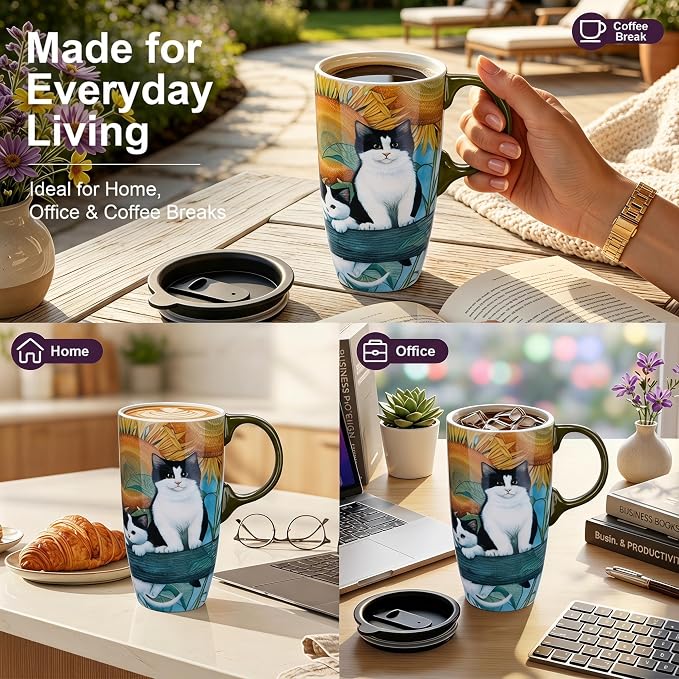 Topadorn 17oz Ceramic Travel Mug with Lid, Sunflower & Cat Coffee Mug | Coffee Mug with Handle, Cat & Sunflower Design, Spill-Resistant Lid, Microwave & Dishwasher Safe, Gift Box Included - Image 5