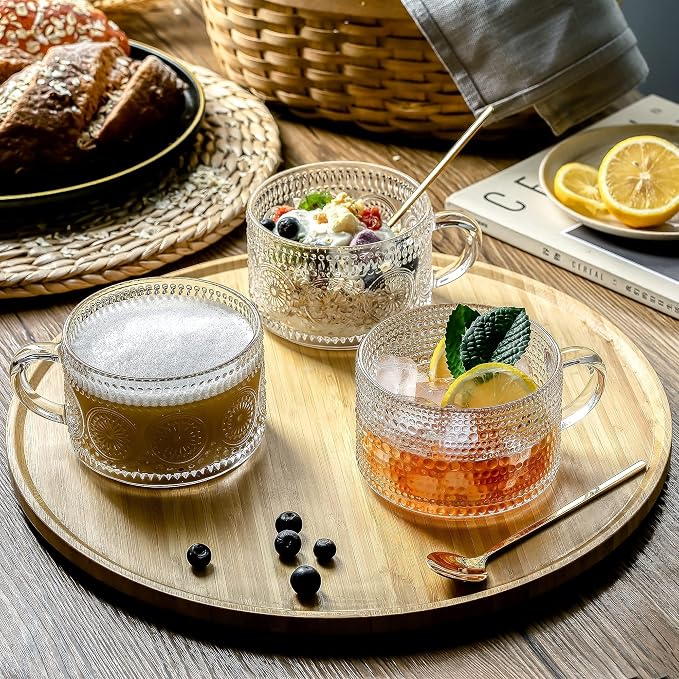 Gezzeny Vintage Glass Coffee Mugs 14 Oz Set of 2 Clear Embossed Tea Cups, Glass Coffee Cups for Cappuccino, Latte, Cereal, Yogurt, Beverage Christmas Thanksgiving Gifts | Clear Embossed Glass Cups for Tea, Cappuccino, Latte, Cereal, Yogurt, Beverage Bi... - Image 3