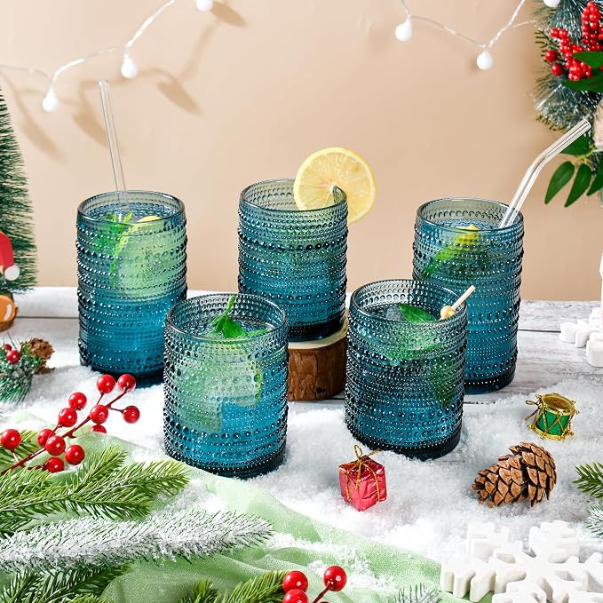 KMIGRUAN Hobnail Drinking Glasses Set of 12, 15Oz & 12Oz Cocktail Glasses | Blue-Vintage Highball Glasses, Embossed Beaded Water Glass Cups for Juice and Various Mixed Drinks, Kitchen Drinking Glasses - Image 3