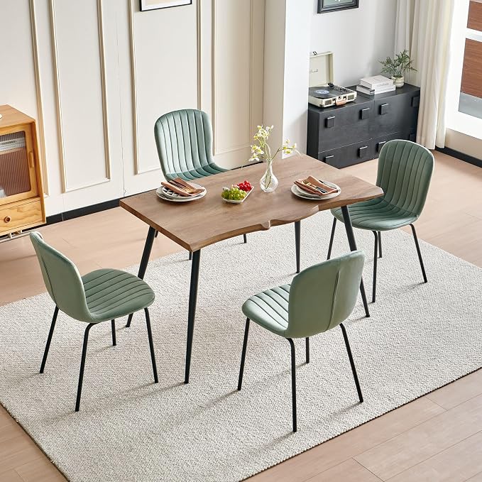 Rectangle Dining Table Set for 4 with Sage Green Velvet Chairs | 5-Piece Mid-Century Modern Set, Irregular MDF Table, Wood Grain, Space-Saving for Small Spaces, Dining Rooms, Easy Assembly - Image 8