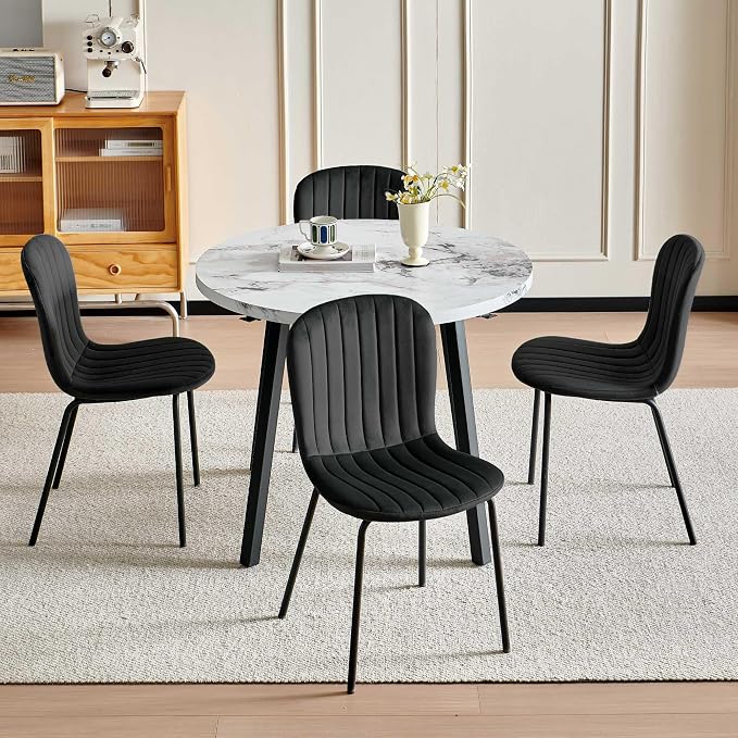 Small Round Dining Table Set for 4 People, 37" Modern Kitchen Table | 5-Piece Set, Faux White Marble MDF table, 4 Black Velvet Chairs, Easy Assembly, Space-saving, Fits Small Dining Room - Image 7