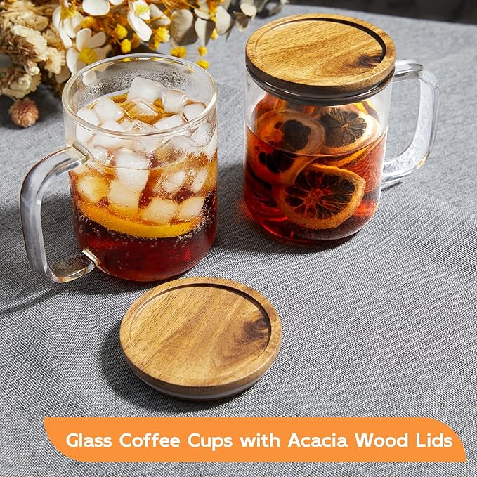 DRASTAR Glass Coffee Cups, 12 oz Clear Coffee Mugs, Flat Bottomed Cups with Acacia Wood Lid, Glass Tea Cup with Handle, Espresso Cappuccino Tea Cup Set of 2