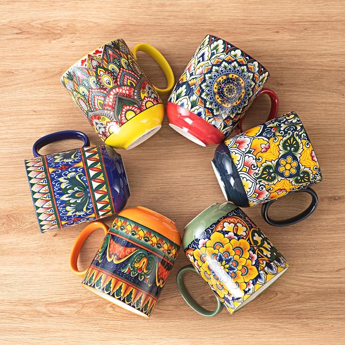 Henten Home Ceamic Coffee Mug Set of 6, 14 oz Colorful Latte Cup with Handle, Boho Floral Mug for Hot Cocoa, Milk, Tea, Chocolate, Microwave & Dishwasher Safe - Image 6